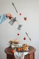 Food Aesthetics - Creative composition of floating coffee, pancake #16963832