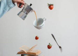 Food Aesthetics - Creative composition of floating coffee, pancake #16963832