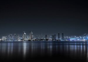 City Architecture - San Diego city skyline lit up at night, reflecte #28389008