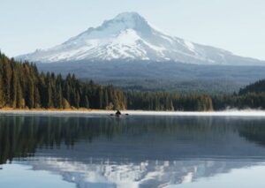 Mountain Landscapes - A peaceful scene of a lake with snow-capped moun #3551192